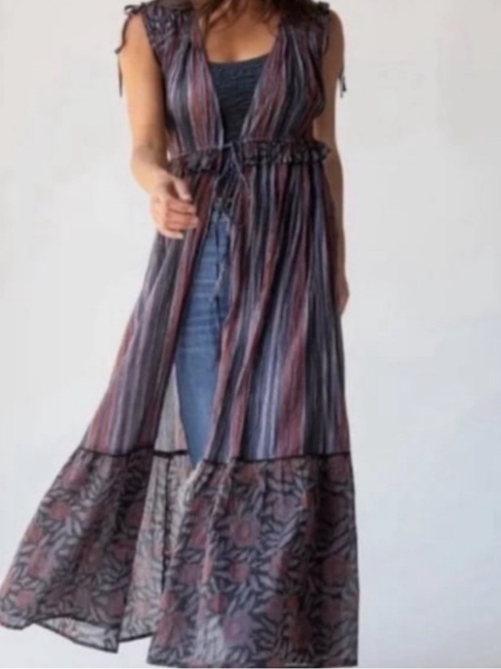 NATURAL LIFE Bohemian Maxi Dress/Duster Kimono Open Front with ties Size L/XL
